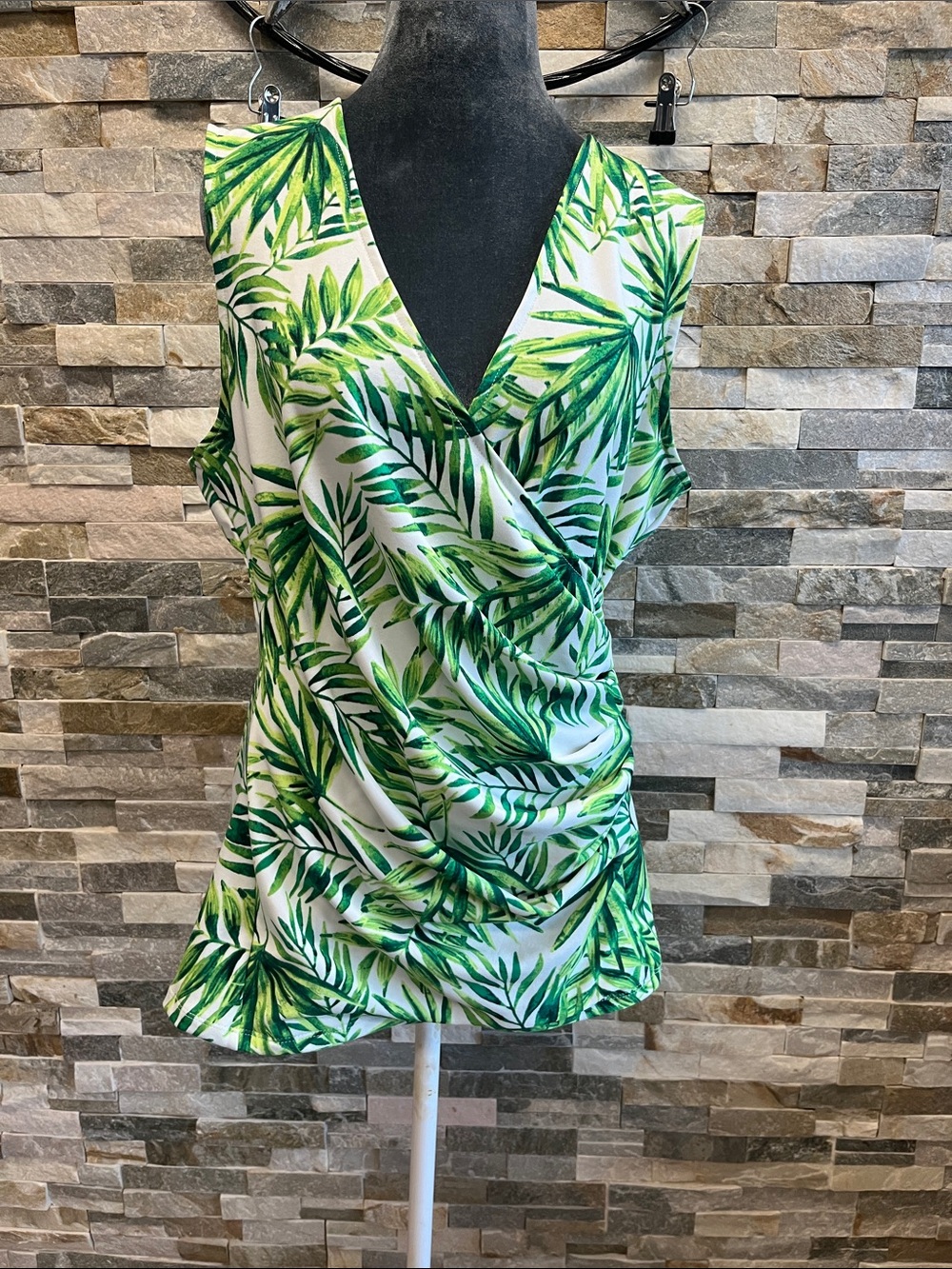 Marc New York White and Green Leaf Print Sleeveless Wrap Top